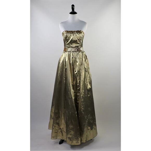 1980s XS Metallic Gold Strapless Gunne Sax Dress with Gold Sequin Belt - Picture 3 of 9